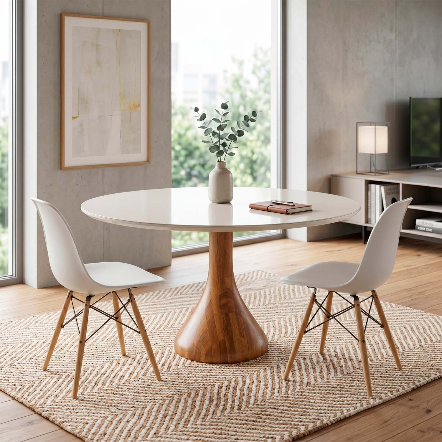 Mesa Redonda 130 Cm Base Madeira Maciça Tampo Com Vidro Cor Offwhite-Champagne