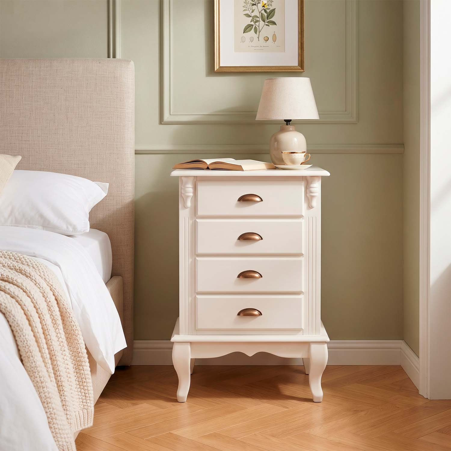 Mesa De Cabeceira 4 Gavetas Hanover Pés Luis XV Em Madeira 53cm Cor Offwhite