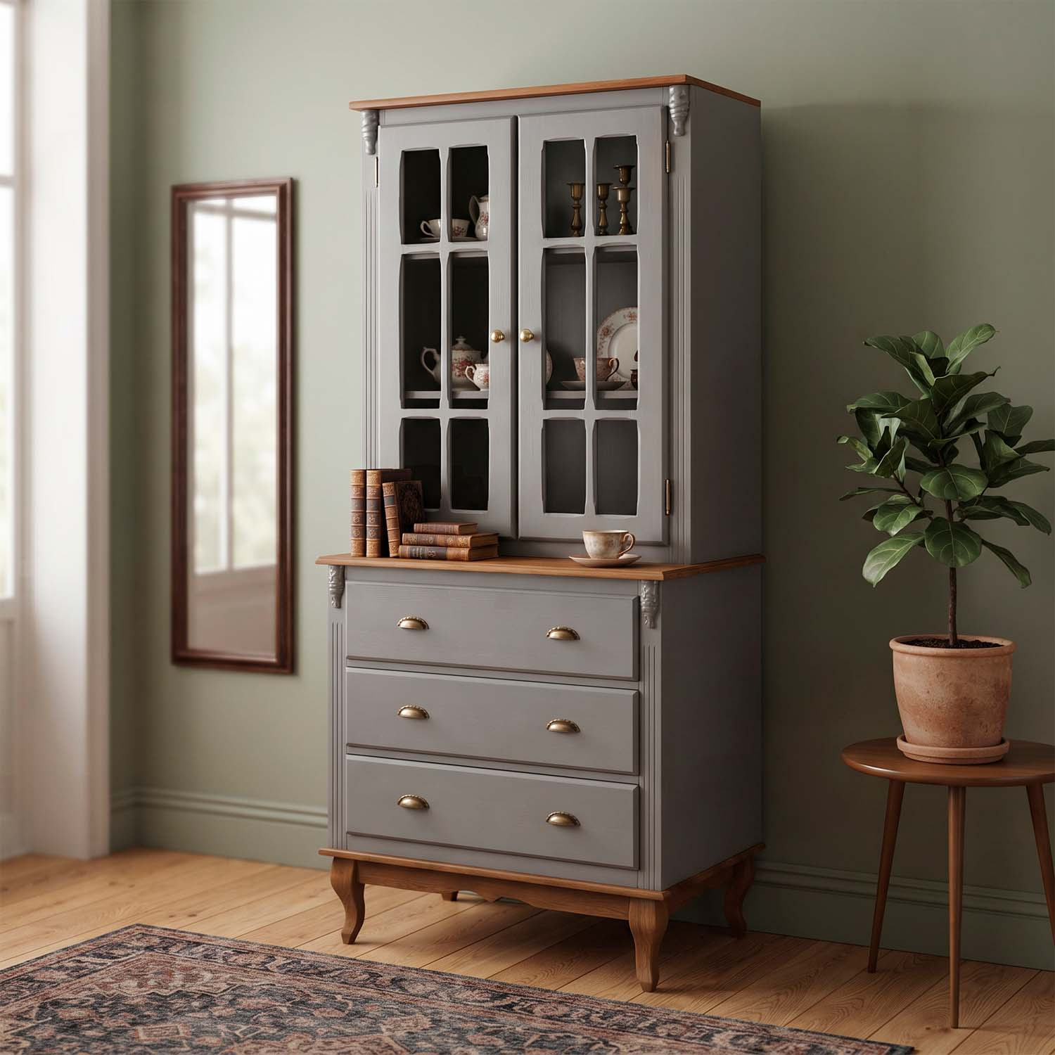 Balcão Vitrine 2 Portas Com Vidro Cruzeta e 3 Gavetas Pés Luis XV 205 x 80 x 53 cm (A x L x P) - Cor Cinza Escuro - Imbuia Glazer 