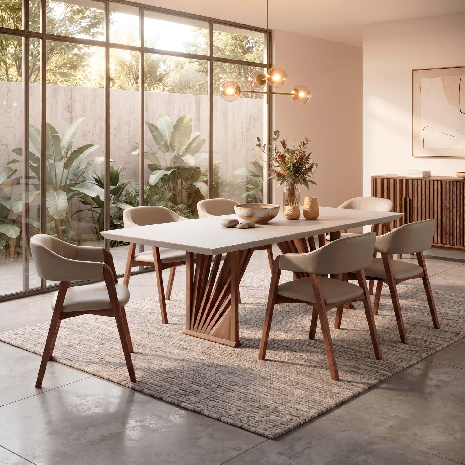 Mesa Jantar Base Madeira Maciça Retangular 200 cm 6 Lugares Tampo Com Vidro Cor Pinhão/Offwhite