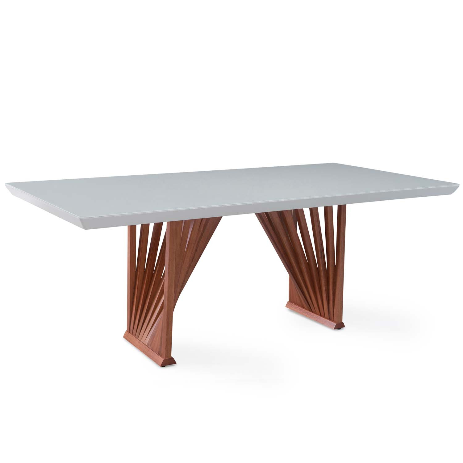 Mesa Jantar Base Madeira Maciça Retangular 220 cm 8 Lugares Tampo Com Vidro Cor Pinhão/Offwhite