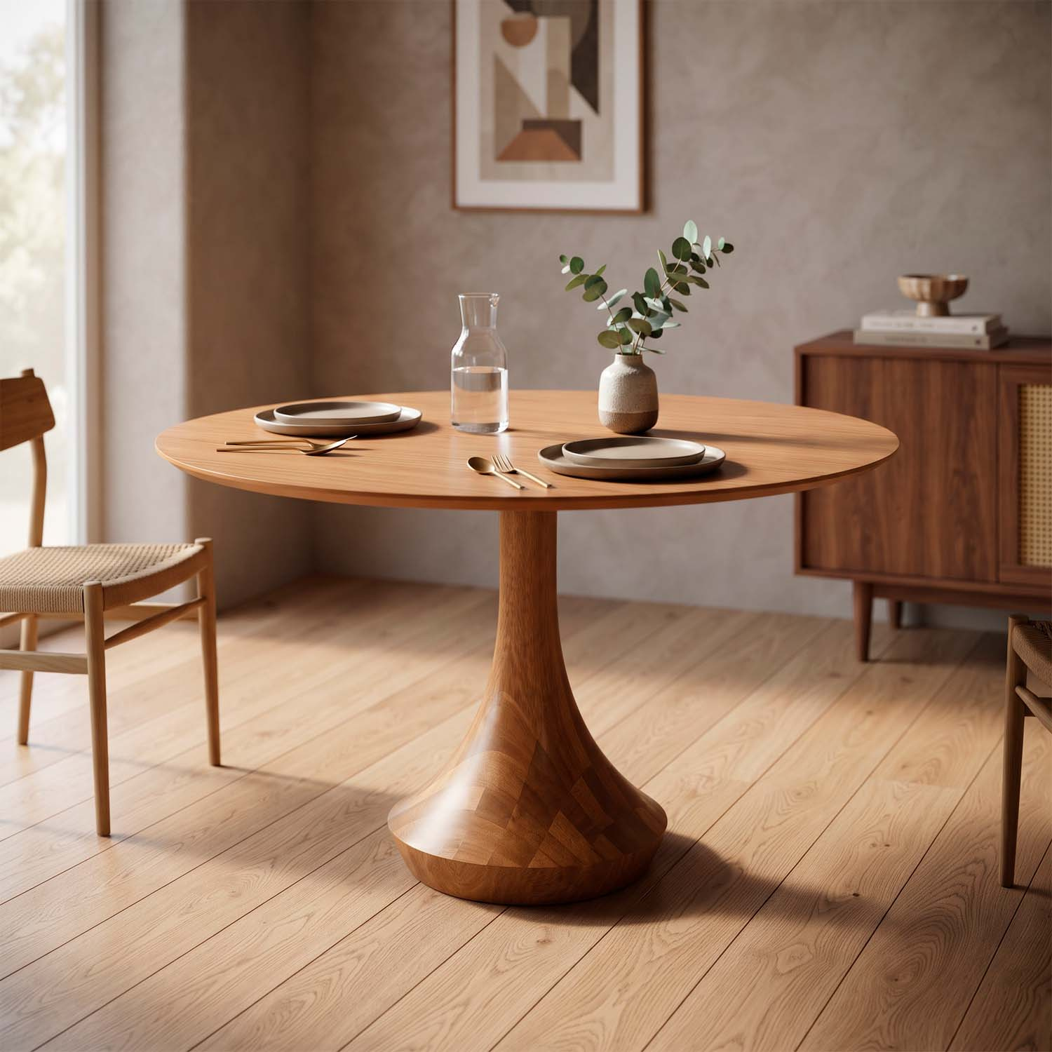 Mesa Redonda Mahal 4 Lugares Base madeira Maciça Tampo Com Lâmina Natural 100 cm Cor Champagne