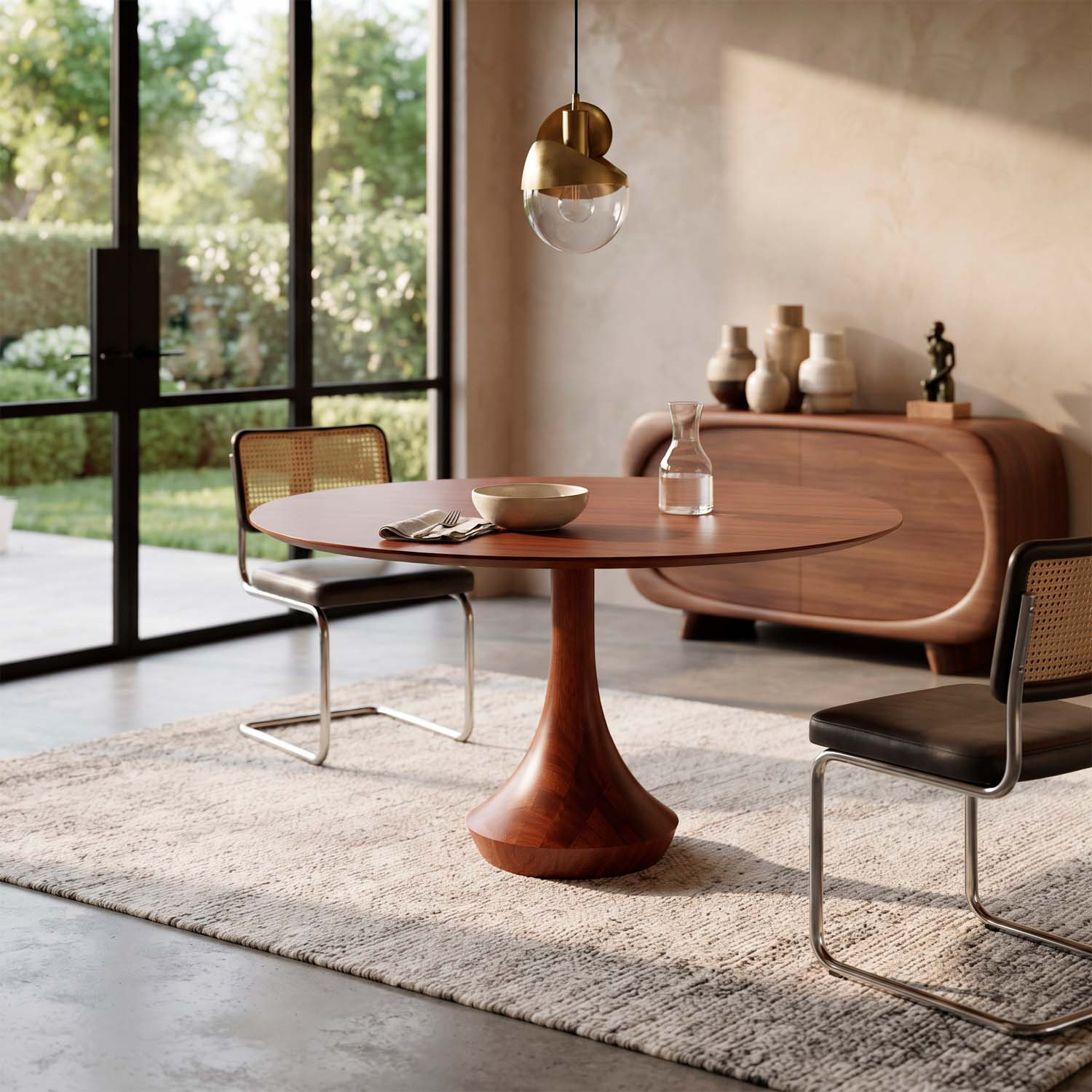Mesa Redonda Mahal 6 Lugares Base madeira Maciça Tampo Com Lâmina Natural 140 cm Cor Castanho