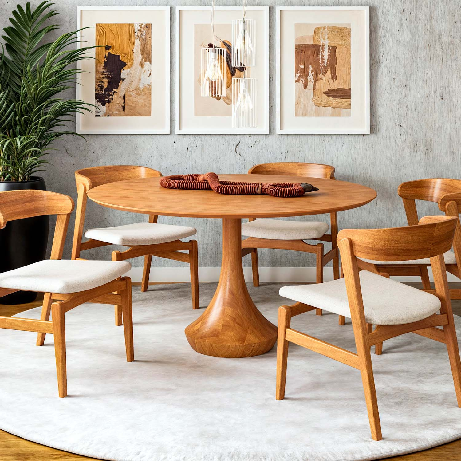 Mesa Redonda Mahal 6 Lugares Base madeira Maciça Tampo Com Lâmina Natural 140 cm Cor Champagne
